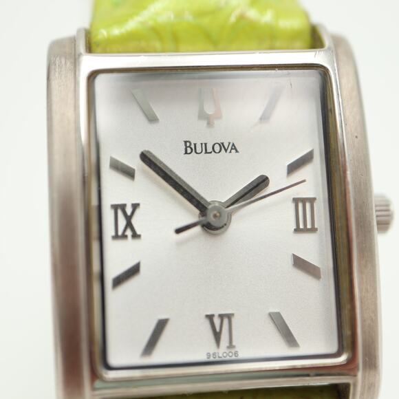 Bulova Silver Tone Womens 23mm Tank Watch Yellow Green Leather w New Battery - Picture 7 of 16